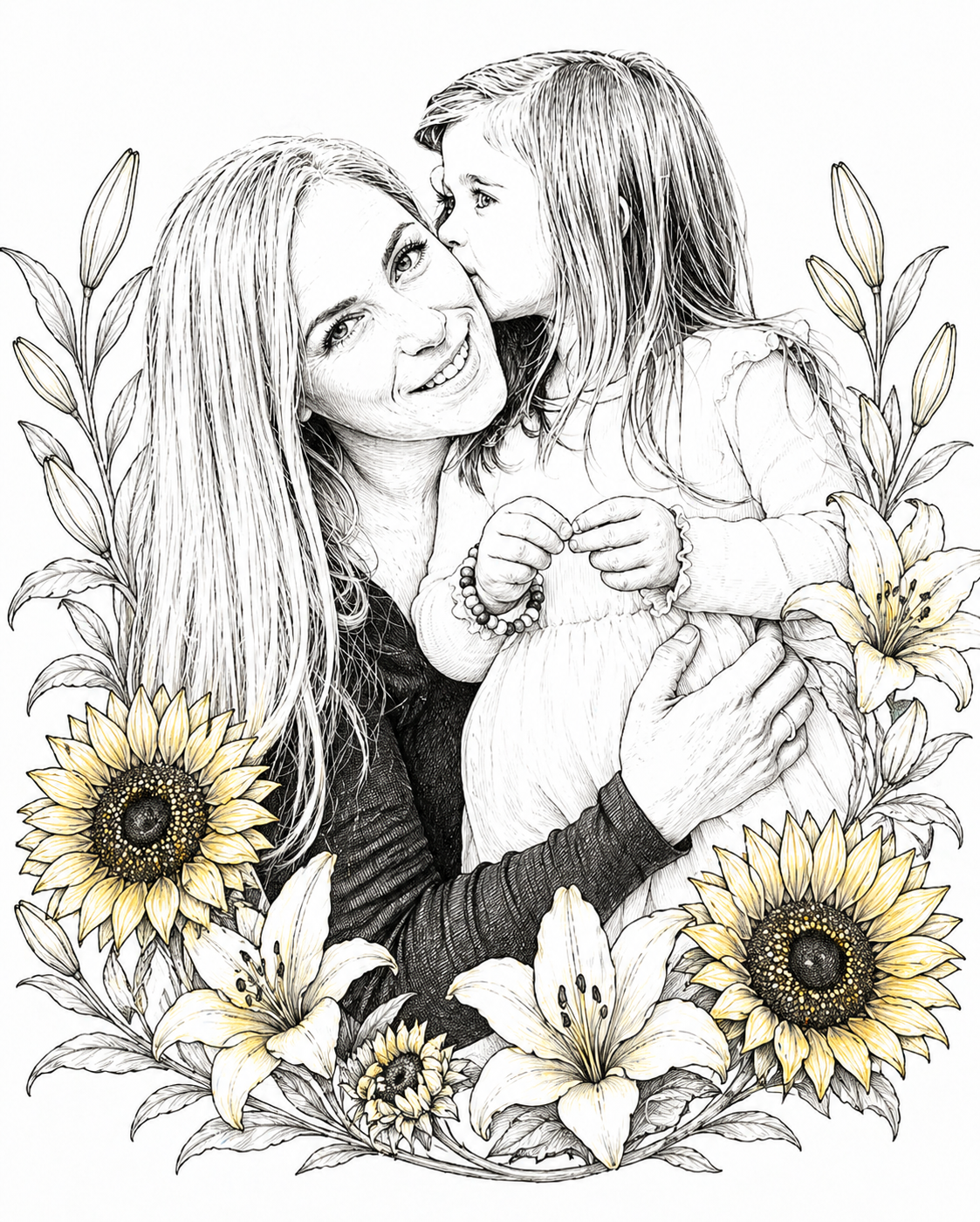 Detailed hand-drawn portrait of Megan and her daughter with sunflowers and lilies