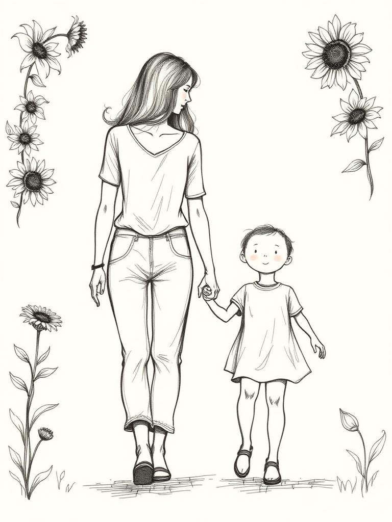 Hand-drawn sketch of Megan walking hand in hand with her child